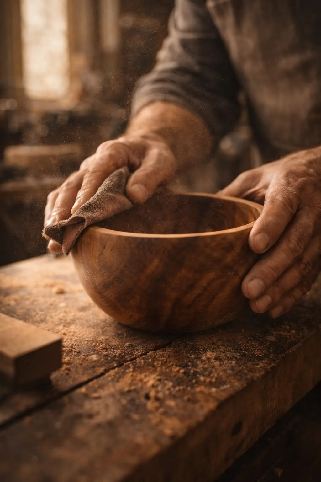 Manos lijando a mano un bol de madera torneado sobre un banco de taller