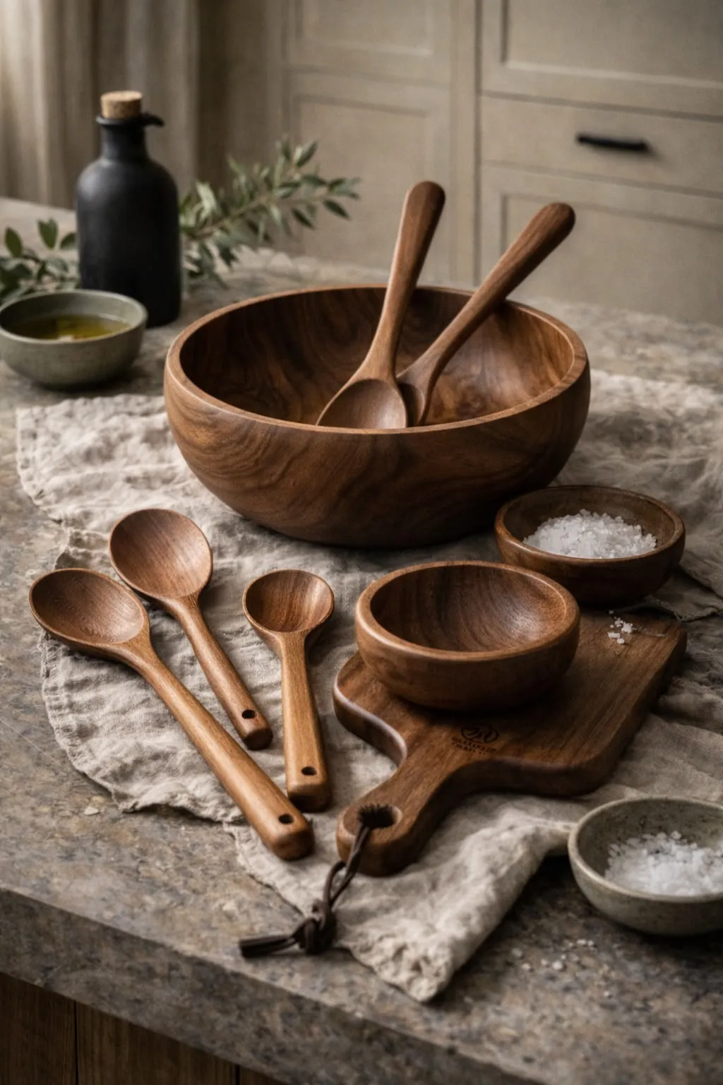 Bol y cucharas de madera sobre un lienzo de lino en una cocina