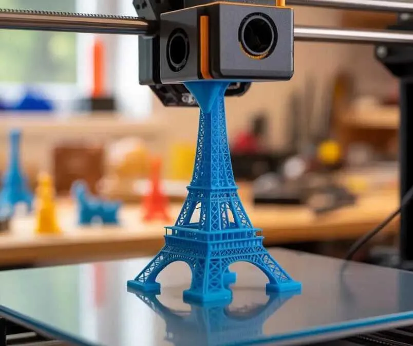 Impresora 3D depositando filamento azul mientras construye una torre en detalle fino