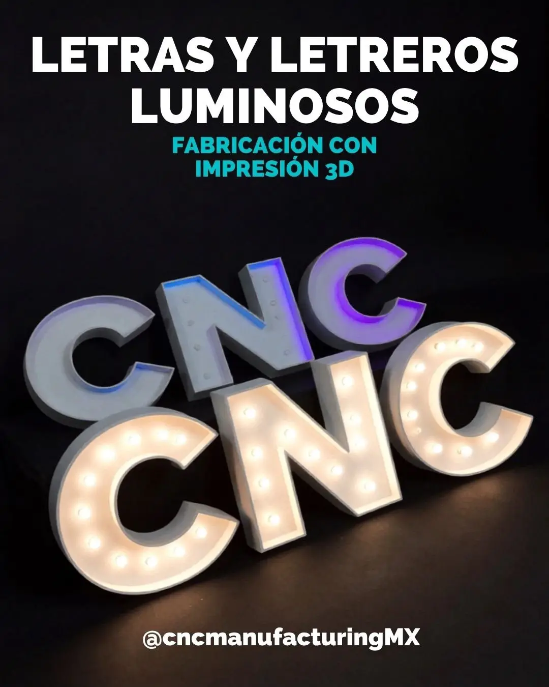 Letras luminosas tipo marquesina con focos LED integrados, fabricadas en impresión 3D
